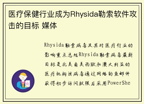 医疗保健行业成为Rhysida勒索软件攻击的目标 媒体